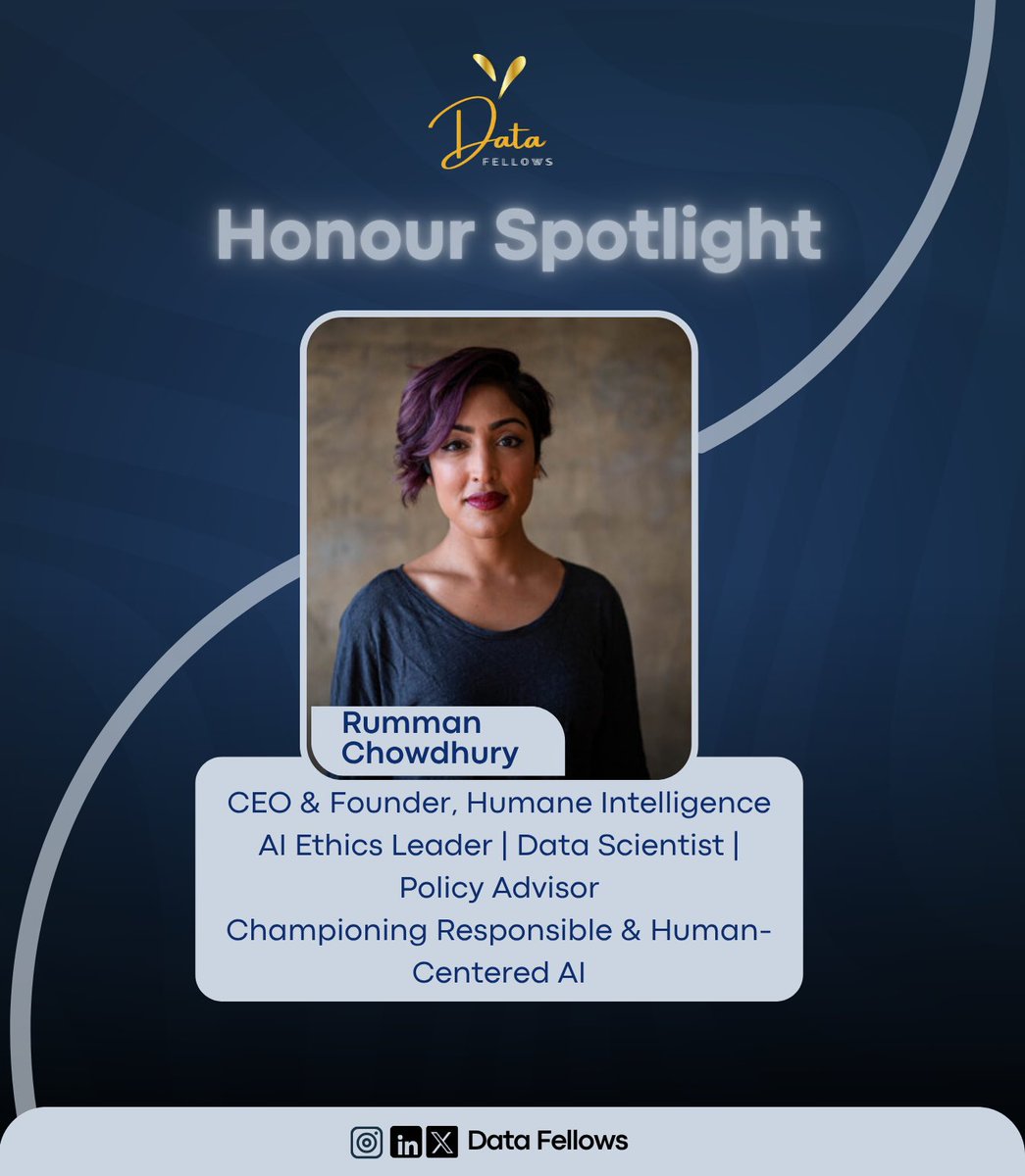 DatafellowsInfo's tweet photo. Rumman Chowdhury — CEO of Humane Intelligence

Pioneer in AI auditing &amp; algorithmic accountability 🤖

Coined “moral outsourcing”

Because AI isn’t just about what it can do, but what it should do.

#AI #ResponsibleAI #EthicalAI https://t.co/dUdJ37RhhK