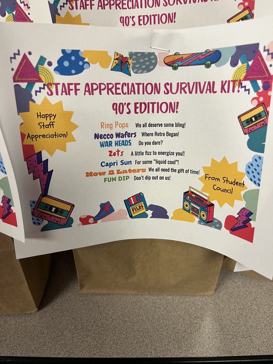 OPS_Morton's tweet photo. Morton Student Council prepared these treat sacks to hand out to ALL staff this week for Staff Appreciation Week. Our theme this week revolves around the 90's! #OPSProud #BeMoreBeMorton https://t.co/mPuGifpcFx