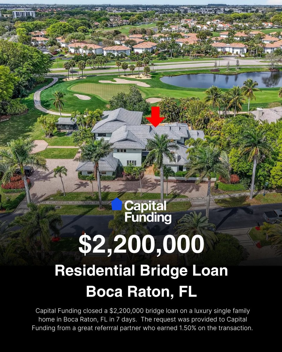 CapFundingFin's tweet photo. Don’t let timing kill a great opportunity. Our Bridge Loans deliver the capital you need right when you need it—until long-term funds close. #bocaraton #bocaratonrealestate #southfloridarealestate #bocaratoninvestment #hardmoneyloan https://t.co/K83ZxQydyw