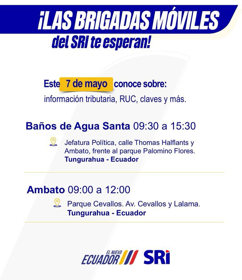 VeronicaDavilaV's tweet photo. ¡Nuestra #BrigadaMóvilSRI está cerca de ti!

Si necesitas asesoría sobre impuestos, facturación o quieres obtener tu RUC, acércate a nuestro punto de atención más cercano.

En #BañosDeAguaSanta y #Ambato

¡Te esperamos! https://t.co/8yIl2erlZC
