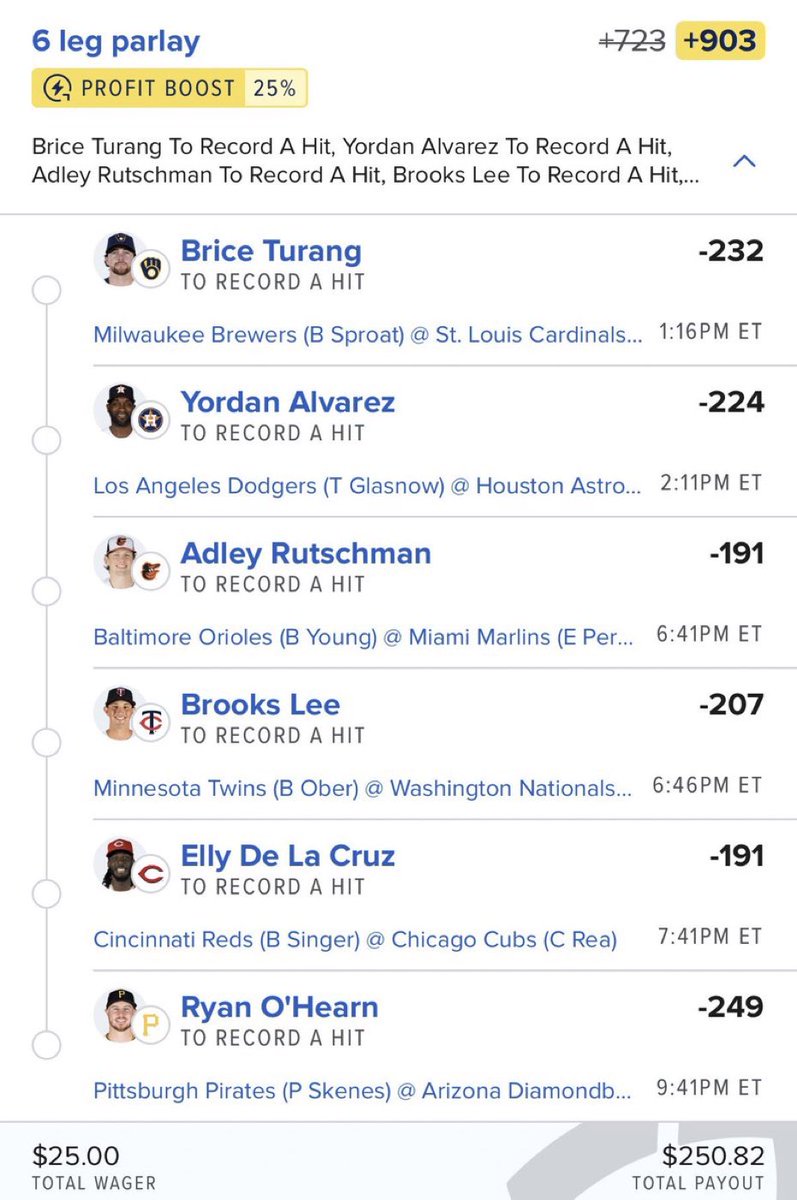 ⚾️ MLB HITS PARLAY⚾️

Link🔗 t.me/+Cj_zCNeqVklmY…

$25----->$250🤞🏻

#MLBPicks #MLBTwitter #Gambling𝕏