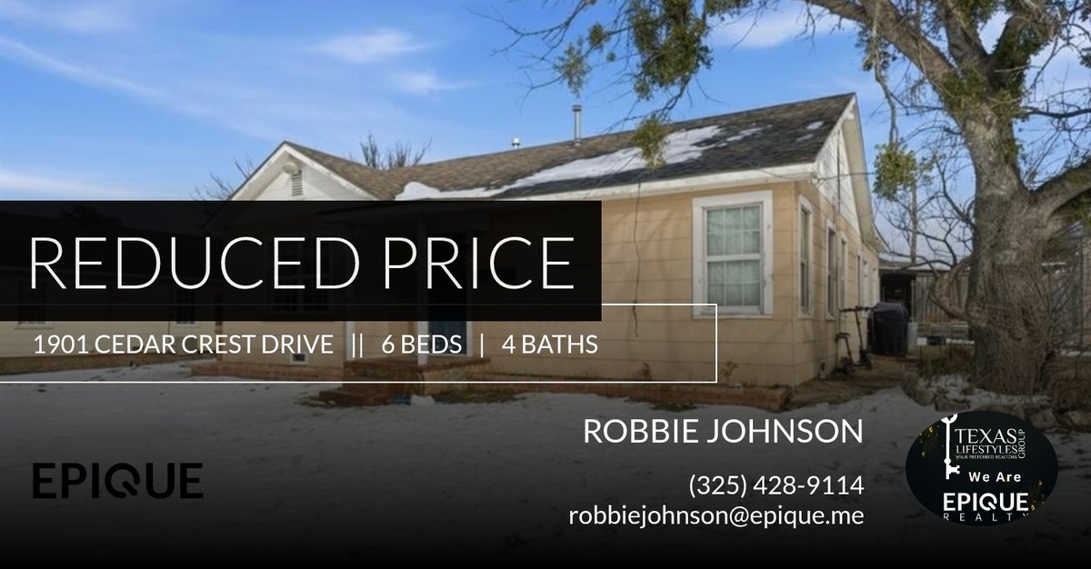 RobbieFJohnson's tweet photo. 📍 Reduced Price 📍 This recently reduced home at 1901 Cedar Crest Drive in Abilene won't last long, so, don't wait to set up a showing! Reach out here or at (325) 428-9114 for more information! https://t.co/KpMvIEqjLr https://t.co/9hBP6qjzTz