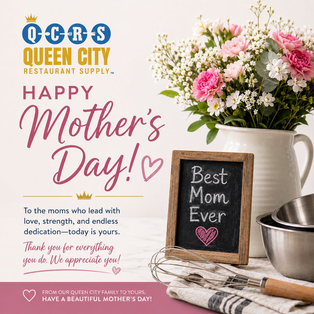 QCRS_Cincinnati's tweet photo. To all the incredible moms, especially those in the restaurant and hospitality world—we celebrate YOU!💐
Your strength, passion, and dedication keep everything running. We’re proud to support you every day.
Happy Mother’s Day from Queen City Restaurant Supply!

#QCRS #MothersDay https://t.co/xpEswEqW1w