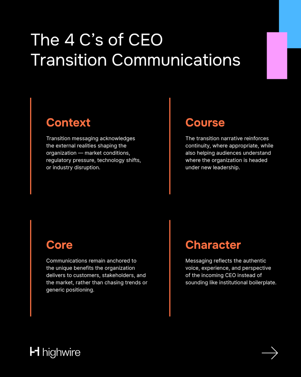 TeamHighwire's tweet photo. When a CEO transition is announced, every stakeholder asks the same question: What does this mean for us? How you respond determines who controls the narrative. Highwire's new guide gives leaders the framework to write it first. Download the guide → https://t.co/8lhY79f64S https://t.co/4YoWc8R3Ra