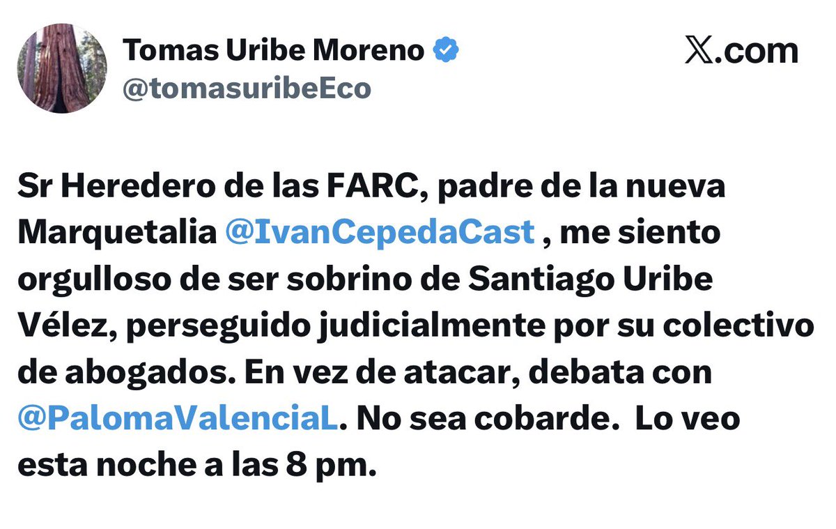 El hijo de Uribe se siente orgulloso de ser sobrino de un Paramilitar y me imagino que también de una prima y una tía narcotraficantes.
Los Uribe quieren que Colombia siga siendo una Narcocracia <a href="/tomasuribeEco/">Tomas Uribe Moreno</a> es un cínico, un descarado