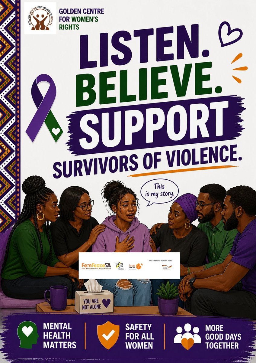 GCWR_Uganda's tweet photo. Listen. Support. Believe survivors of Violence.
Healing begins when we stop asking survivors to prove their pain and start creating spaces where they are met with compassion instead of blame.
#WalkforMentalHealth2026 #SafetyforAllWomen #FemPeaceEA https://t.co/8lBqNtCbU5