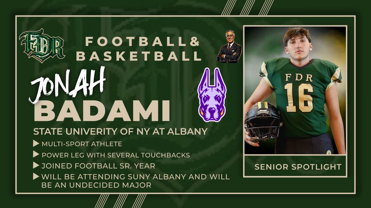 FootballFdr's tweet photo. Congratulations to the faculty &amp; staff of FDR &amp; to the family of Jonah Badami. Jonah has secured his commitment to attend the State University of New York at Albany. Jonah has several majors he is considering so he will enter as undecided. #NextLevelPresidents @dr_p_roman https://t.co/oe9iczDu4a