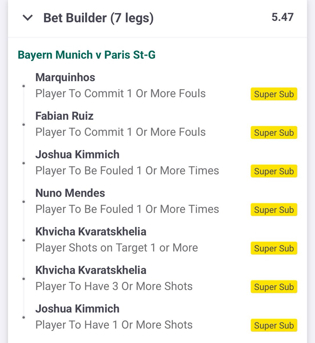 YorkshireTips06's tweet photo. ⚽️Bayern V PSG Bet Builders
💰5.47 (1.25u) 💰14.56 (0.5u)

🎯Marquinhos has committed a foul in 2/3 games v Bayern. (2 in the first leg and was carded) 

🎯Fabian Ruiz has committed a foul in 6/7 UCL games this season (2+3 v Bayern)

🎯Kimmich has been fouled in 10/12 UCL games this season 

🎯Nuno Mendes has been fouled 20 times in the UCL this season. 

🎯 Kvaratskhelia has had a shot on target in his last 9 UCL games. He’s had 2 in 4/9 games. 

🎯 Kvaratskhelia has had 3+ shots in 7/9 UCL games. 4+ in 4/9

🎯Kimmich has had 1 shot in 7/9 games in the UCL. 

stats via @StatsHubCom as usual🔥

Don’t forget to join my FREE TELEGRAM, I’ve shared 5 more bets in there for tonight’s UCL Semi Final🚀🚀 Full write ups for all bets will also be in there so don’t miss out❤️
#BetBuilder #FootballTips #UCLTips #ChampionsLeague #Football