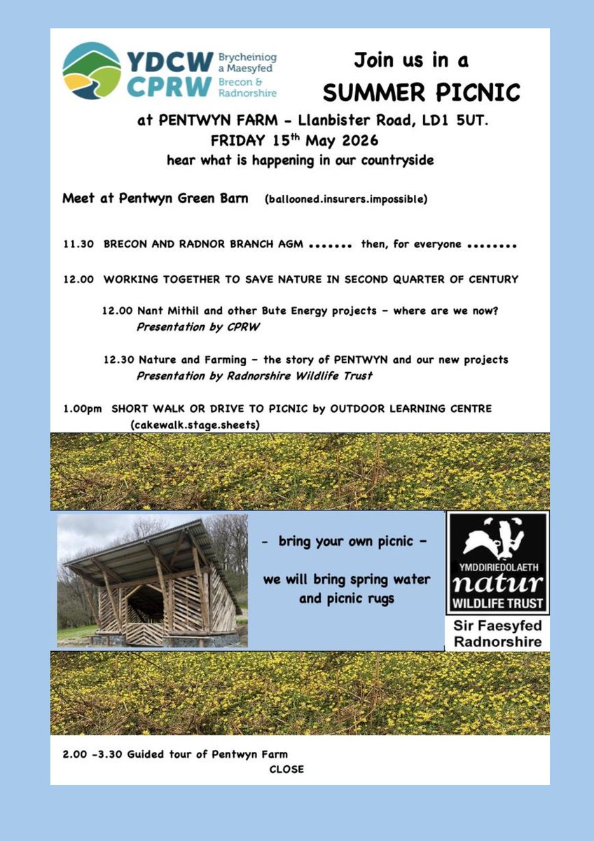 REThinkWales's tweet photo. Invitation!  

On Friday 15th May, the@CPRW_UK will be providing an update on Bute Energy.   

There will also be a discussion with RE-Think &amp; Friends of Radnor Forest, a talk by@rwtwales, a picnic &amp; a guided tour around RTW's Pentwyn Farm 🌸💚🌼

Open the images for details 👀 https://t.co/pZWMZTooft