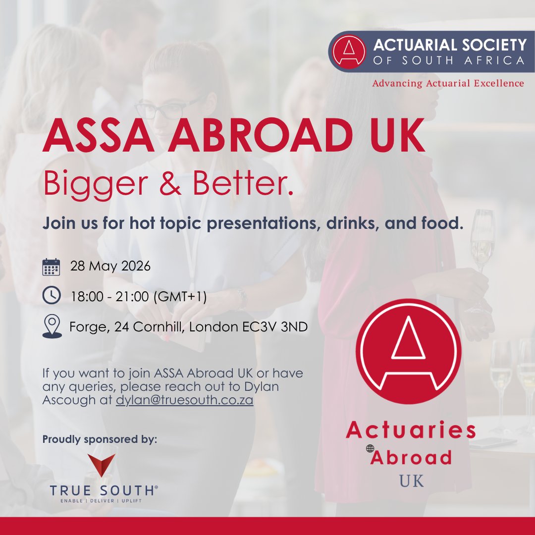 ActuarialSa's tweet photo. We are thrilled to announce the second ASSA Abroad UK Chapter event for the year! Whether you’ve just moved to the UK or have been for years, this is your chance to reconnect with fellow South African actuaries, share experiences, and strengthen our professional community abroad. Expect an evening of insightful hot topic presentations, complemented by food and drinks.

A huge thank you to True South for their generous sponsorship in making this inaugural gathering possible.

Interested in joining or have questions? Please reach out to Dylan Ascough at dylan@truesouth.co.za to RSVP or for more information.

#ASSA #Actuaries #ASSAAbroad #LondonEvents #ActuarialSociety #Networking #TrueSouth #SouthAfricansInLondon