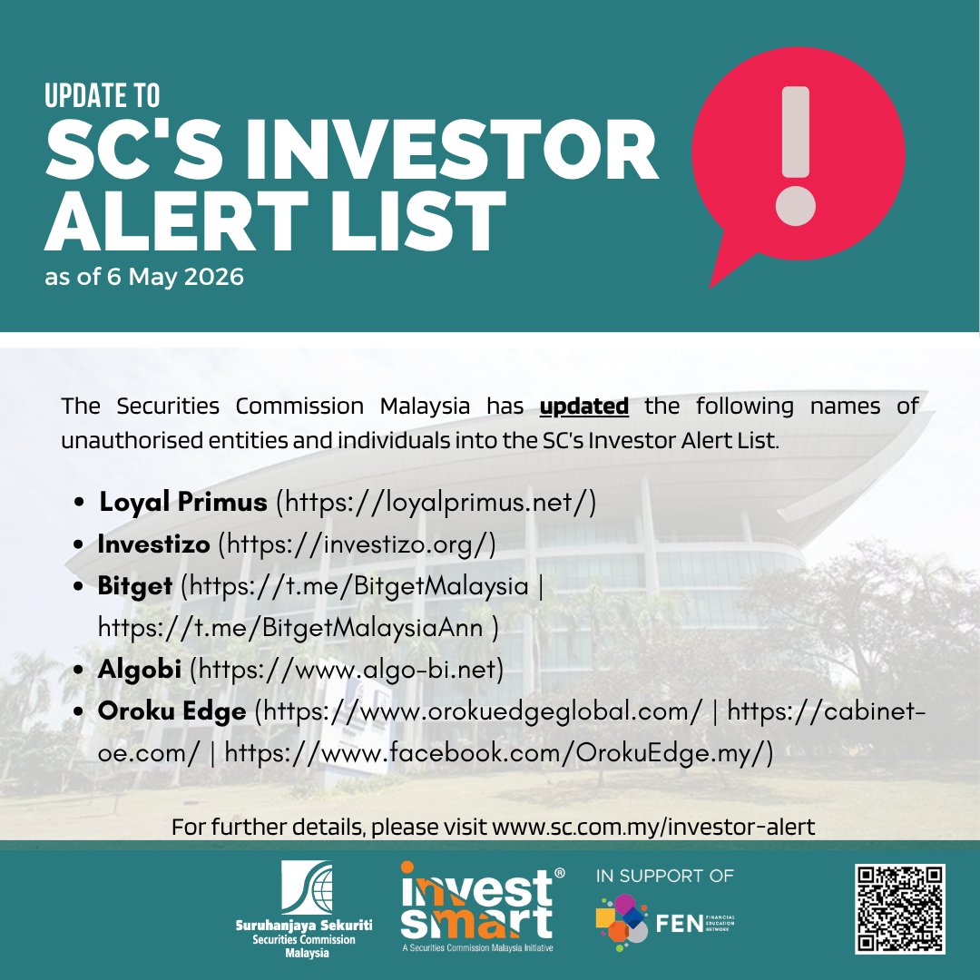 InvestSmart_SC's tweet photo. The SC has updated its Investor Alert List - https://t.co/z0FXkbNJ44…
Always check the SC’s Investor Alert List before investing.

SC telah mengemaskini Senarai Peringatan Pelabur - https://t.co/z0FXkbNJ44…
Sila rujuk Senarai Peringatan Pelabur SC sebelum melabur.
#seccommy https://t.co/haC2uwYBtl