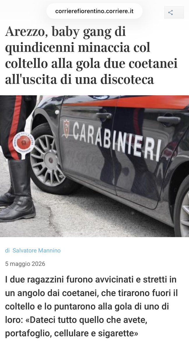 “Dateci tutto quello che avete, portafoglio, cellulare e sigarette”, puntando il coltello alla gola di due ragazzini di 15 anni

Arezzo, identificati i tre membri del branco

👉 hanno tra i 15 e i 16 anni, tutti stranieri con cittadinanza italiana