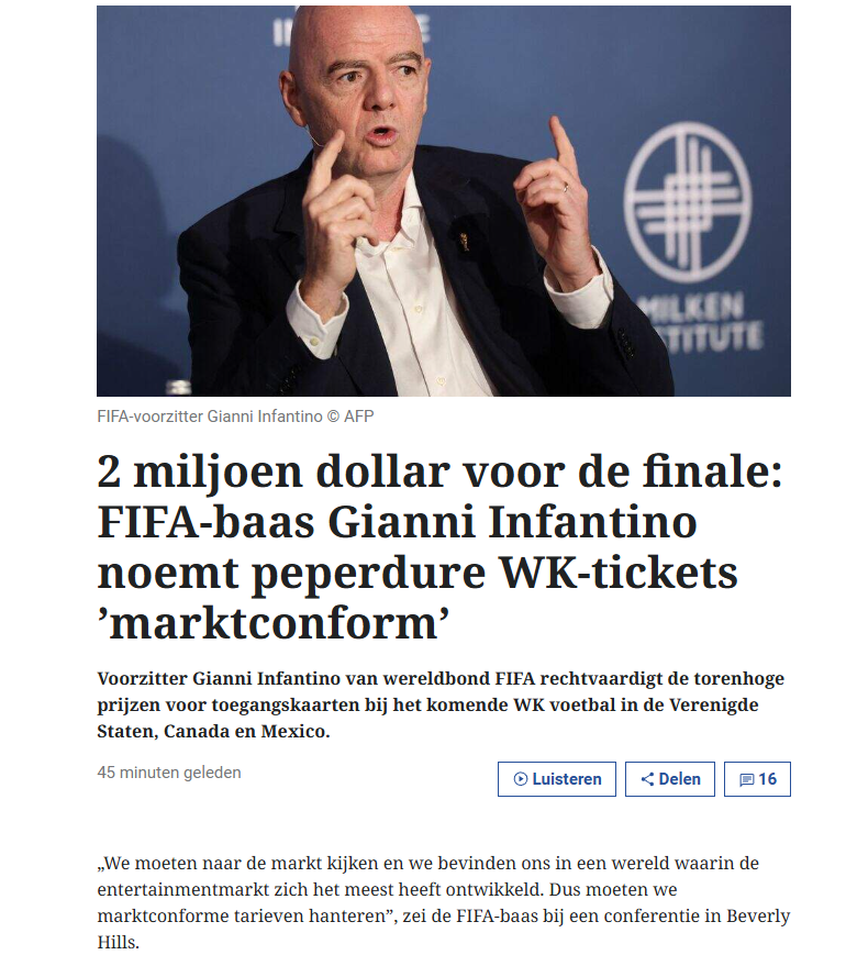 2DaarDan's tweet photo. De FIFA kan die WK-tickets ook via de blochchain verkopen, dan kan er een max worden bepaald voor de prijs en het aantal keer dat het ticket mag worden doorverkocht.
Dat Infantino dat niet doet komt... 
#WK2026 https://t.co/gYfqjT10CS