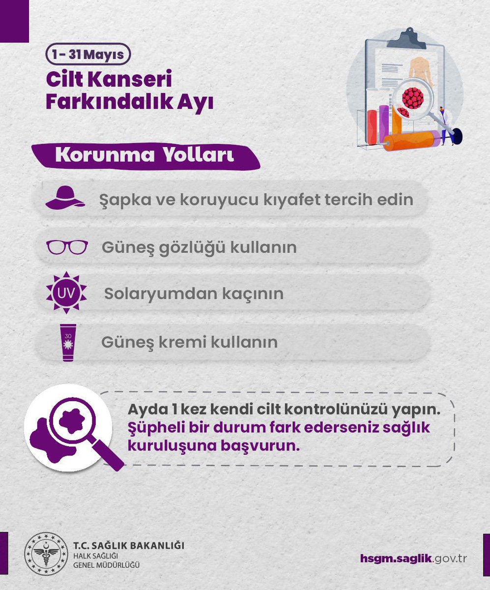 cungusdh's tweet photo. Güneşin yoğun olduğu saatlerde (10.00–16.00) korunmasız maruziyetten kaçının; güneş kremi kullanın, şapka ve koruyucu kıyafet tercih edin.
Cildinizi düzenli olarak kontrol edin; şüpheli bir değişiklik fark ettiğinizde sağlık kuruluşuna başvurun.
#CiltKanseri #ErkenTeşhis https://t.co/vhWC5yg0zQ