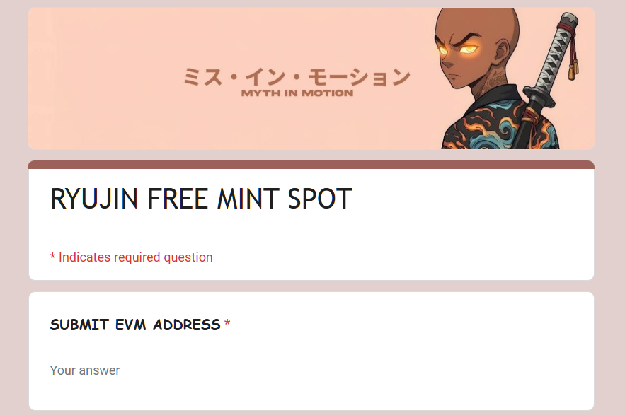Fill this form ASAP!!!

docs.google.com/forms/d/e/1FAI…

The first to answer the questions correctly gets <a href="/NftRyuJin/">Project RyuJin</a> GTD free mint Spot. 

The remaining OG Spot will be raffled among those who fill late