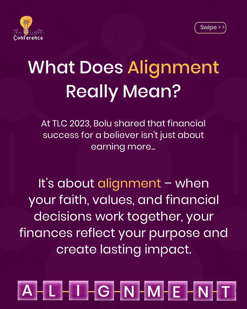 TheLightConf's tweet photo. At The Light Conference 2023, @boluokunade reminded us:

When your faith, values, and financial decisions align, your finances begin to reflect purpose and create impact.

#TheLightConference
#LightMineGlobal
#KingdomFinance https://t.co/d00sYTq99s