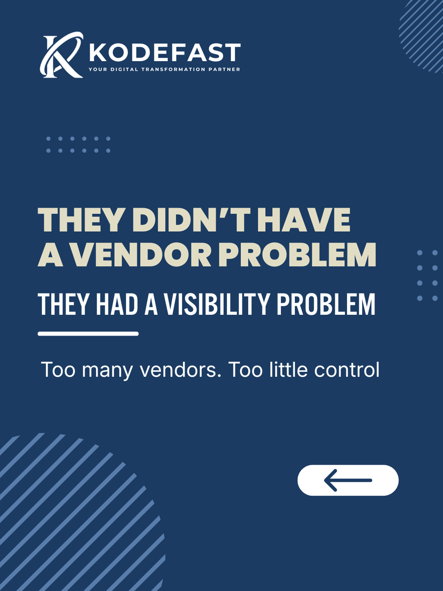 kodefast's tweet photo. Vendors weren’t the problem.
The chaos was.
Everything was happening… just not together.
So teams kept chasing instead of managing.
KodeFast fixes that with one flow, full visibility and no more back-and-forth.
#VendorManagement #BusinessAutomation #DigitalTransformation https://t.co/foQ12rgu6b