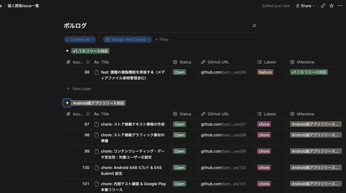 TakeAction1994's tweet photo. GitHubのIssueをそのままNotionデータベースでも確認できるようにした。複数のアプリ開発してると毎回移動してIssueを確認するのが面倒だったが、Notionで一元管理できるようになると大分楽になるはず。。しばらくはこれで運用していこう https://t.co/bWEq5VjiOx