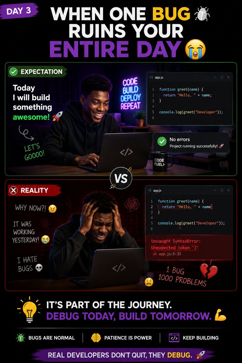 Johnsdanlami's tweet photo. POV: You fixed one bug… and somehow created 10 new ones 😭

#AIEngineering #LearnToCode #BuildInPublic #FrontendDevelopment #CodingBeginners #TechInAfrica #WebDevelopment #AI #Programming #SoftwareEngineering #CodingHumor #100DaysOfCode #ReactJS #JavaScript #TechCommunity https://t.co/KdOXugAVVG