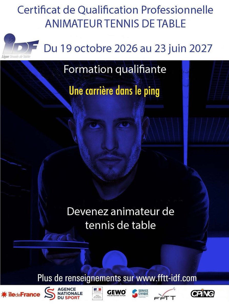 FFTTIDF's tweet photo. L'organisme de formation de la ligue d’Île-de-France de tennis table ouvre les inscriptions pour le CQP Animateur Tennis de Table 2026-2027.
Renseignements et inscriptions : https://t.co/aKwwdxV3B7. https://t.co/g8vEpqaksT