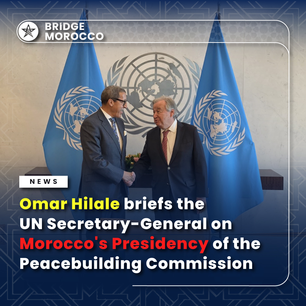 BridgeMorocco's tweet photo. Morocco advances global peacebuilding efforts 🇲🇦

Ambassador Omar Hilale briefed António Guterres on Morocco’s leadership of the UN Peacebuilding Commission, highlighting progress in Africa.

#BridgeMorocco #UN #Peacebuilding #Diplomacy https://t.co/F1YgsypRPS