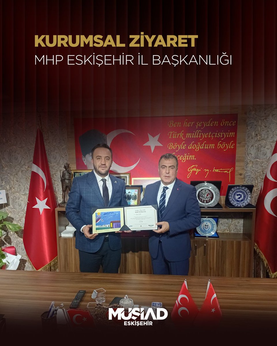 EskisehirMusiad's tweet photo. MÜSİAD Eskişehir Şubesi olarak, Milliyetçi Hareket Partisi Eskişehir İl Başkanı Ayhan Sezer’i ziyaret ederek hayırlı olsun dileklerimizi ilettik.

Şehrimizin gelişimi adına ortak akıl ve iş birliğiyle güzel çalışmalara imza atacağımıza inanıyoruz.

Ayhan Bey’e görevinde muvaffakiyetler diliyoruz.