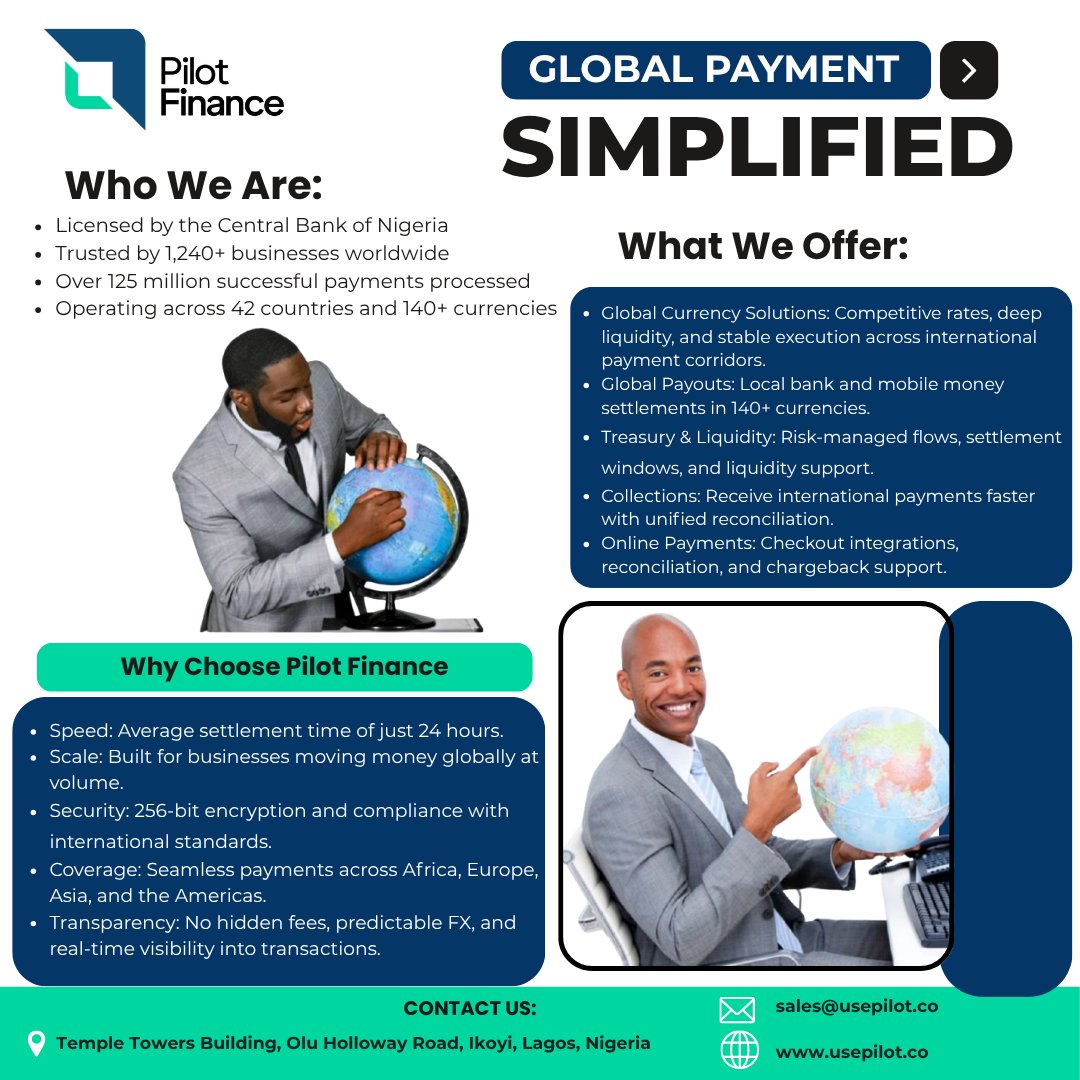 use_pilot's tweet photo. At Pilot Finance, we are building the future of payments for emerging markets.

Trusted by businesses across Africa, Europe, and the Americas, we make moving money globally fast, secure, and compliant.

We empower teams and businesses to scale with confidence.

Contact us today. https://t.co/E0GaNq5jYj