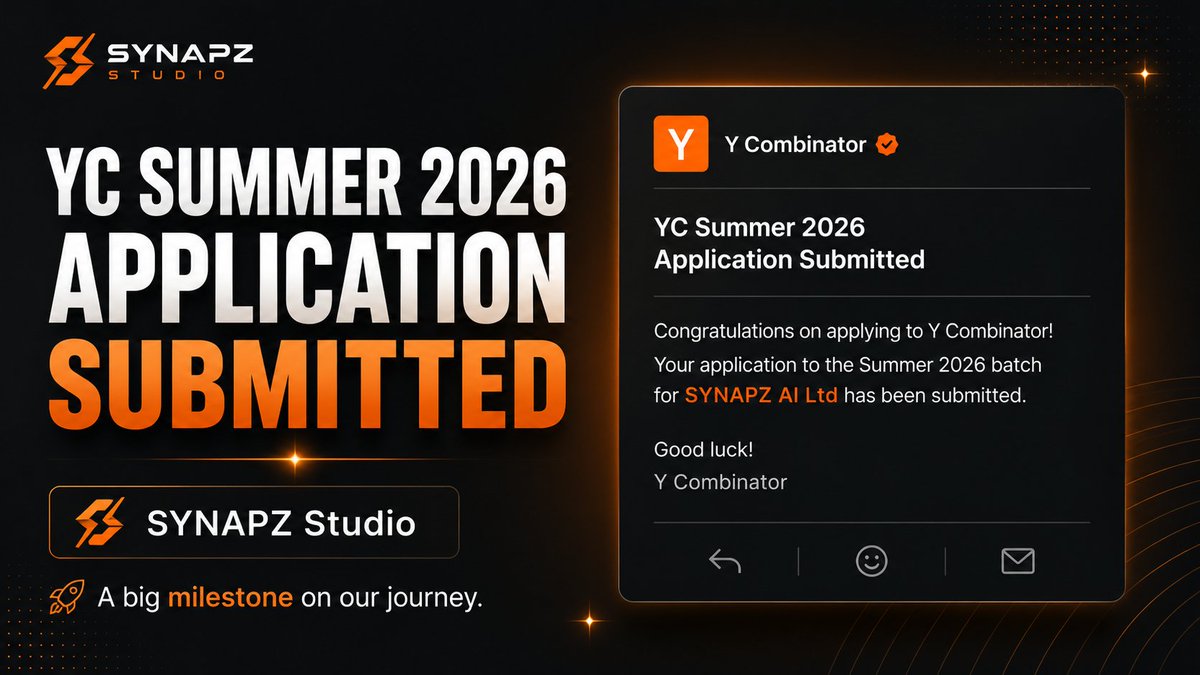 synapz_group's tweet photo. Big news — SYNAPZ AI Ltd has officially submitted its application to Y Combinator Summer 2026.

At SYNAPZ Studios, we’re building with one goal: turning bold creative and AI ideas into products that matter.

This is just the beginning. 🚀

#SYNAPZ #SYNAPZStudios #AI #Startups #YCombinator #YC