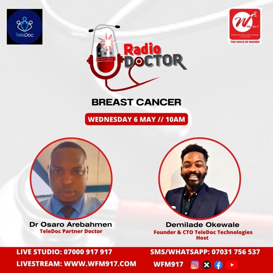 TeledocApp's tweet photo. 🎙️ Breast cancer awareness starts with the right information. 💗

In tomorrow episode of Radio Doctor, we discuss what you need to know about breast cancer from early signs to the importance of timely screening and care.

Featuring
👨‍⚕️ Dr. Osaro Arebahmen https://t.co/0uvJJfjD83