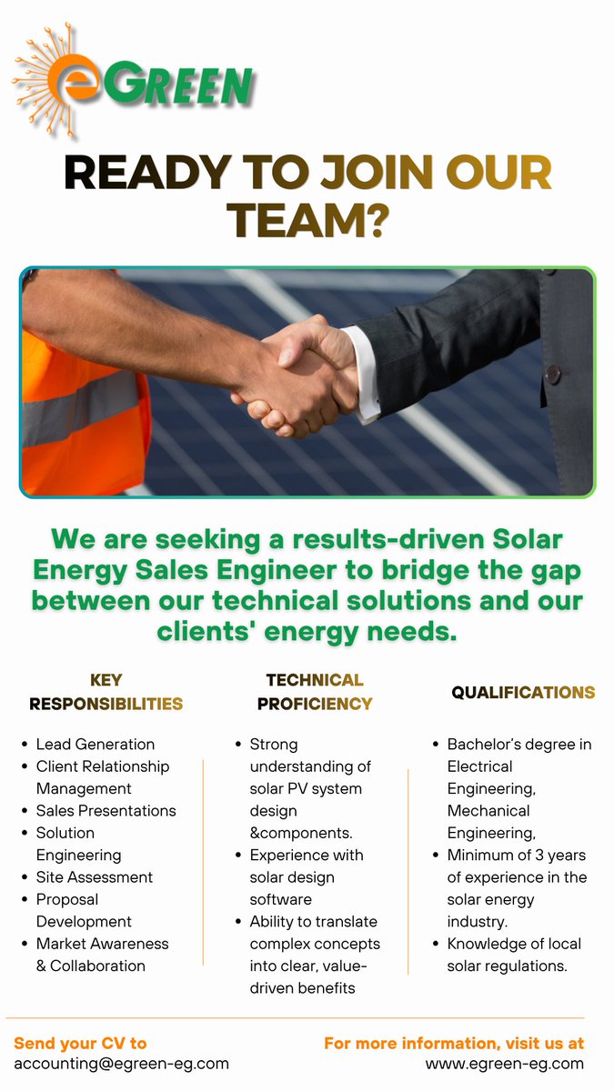 EGreenEgy's tweet photo. EGreen is hiring☀️! مهندس مبيعات طاقة شمسية
نحن نبحث عن مهندس مبيعات طاقة شمسية طموح وموجه نحو النتائج للعمل كحلقة وصل بين حلولنا التقنية واحتياجات عملائنا من الطاقة. 
برجاء ارسال السيرة الذاتيه على accounting@egreen-eg.com
#SalesEngineer #solarenergysystem #solarenergy #sales https://t.co/o7CKtYpQEi