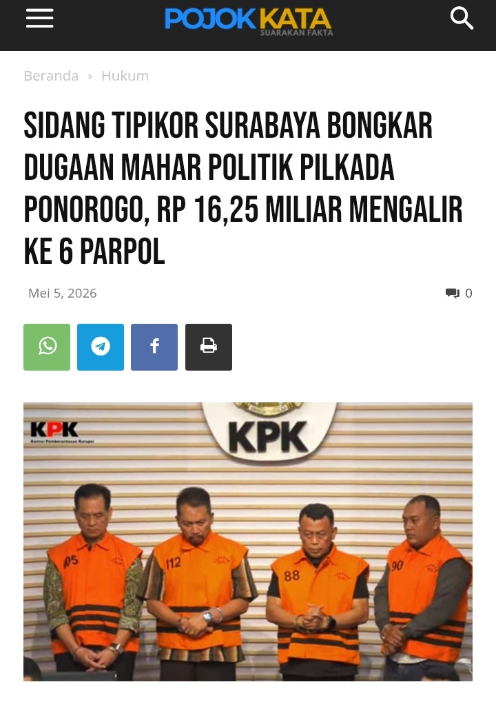 Jateng_Twit's tweet photo. Eh ada Maharnya ternyata

“Untuk mendapatkan surat rekomendasi tersebut, kami memberikan pembayaran sebagai berikut: Gerindra Rp 5 miliar, Golkar Rp 250 juta, PKB Rp 6 miliar, PKS Rp 2 miliar, PPP Rp 500 juta, dan Demokrat Rp 2,5 miliar,” ujar jaksa saat membacakan BAP di ruang sidang Cakra.