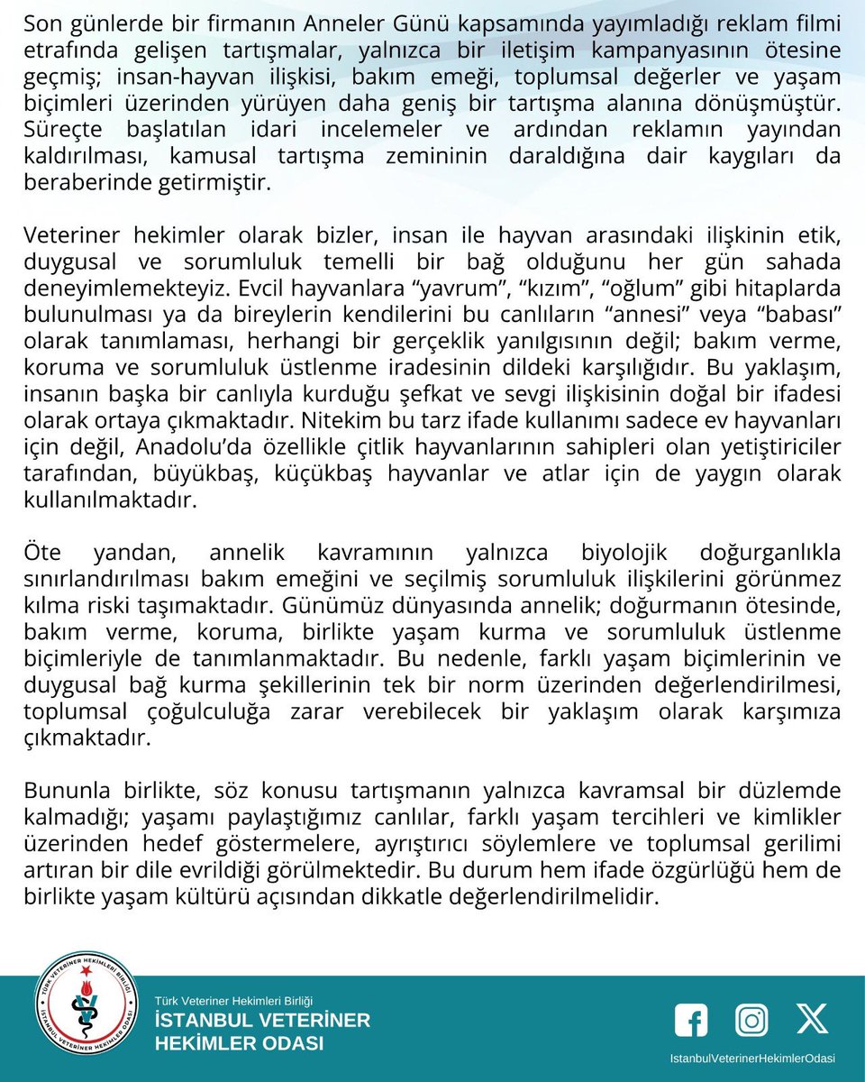 _IVHO's tweet photo. Şefkatin Sınırları Değil, Şiddetin Ortadan Kaldırılması Temel Alınmalıdır
Son günlerde bir firmanın Anneler Günü kapsamında yayımladığı reklam filmi etrafında gelişen tartışmalar, yalnızca bir iletişim kampanyasının ötesine geçmiş; insan-hayvan ilişkisi, bakım emeği, toplumsal değerler ve yaşam biçimleri üzerinden yürüyen daha geniş bir tartışma alanına dönüşmüştür. Süreçte başlatılan idari incelemeler ve ardından reklamın yayından kaldırılması, kamusal tartışma zemininin daraldığına dair kaygıları da beraberinde getirmiştir.

Açıklamanın devamı için tıklayınız;
https://t.co/4FFIyNCshg