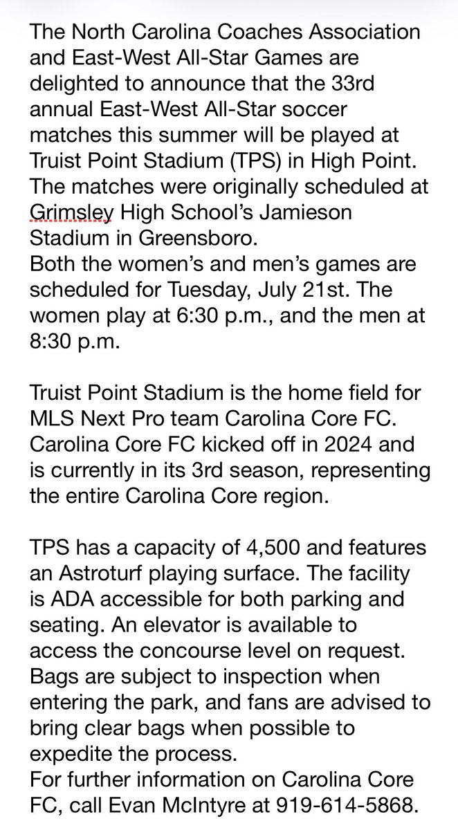 NCCoachesAssn's tweet photo. EAST-WEST ALL-STAR SOCCER GAMES MOVING TO TRUIST POINT STADIUM. https://t.co/CYRGjGo2eS