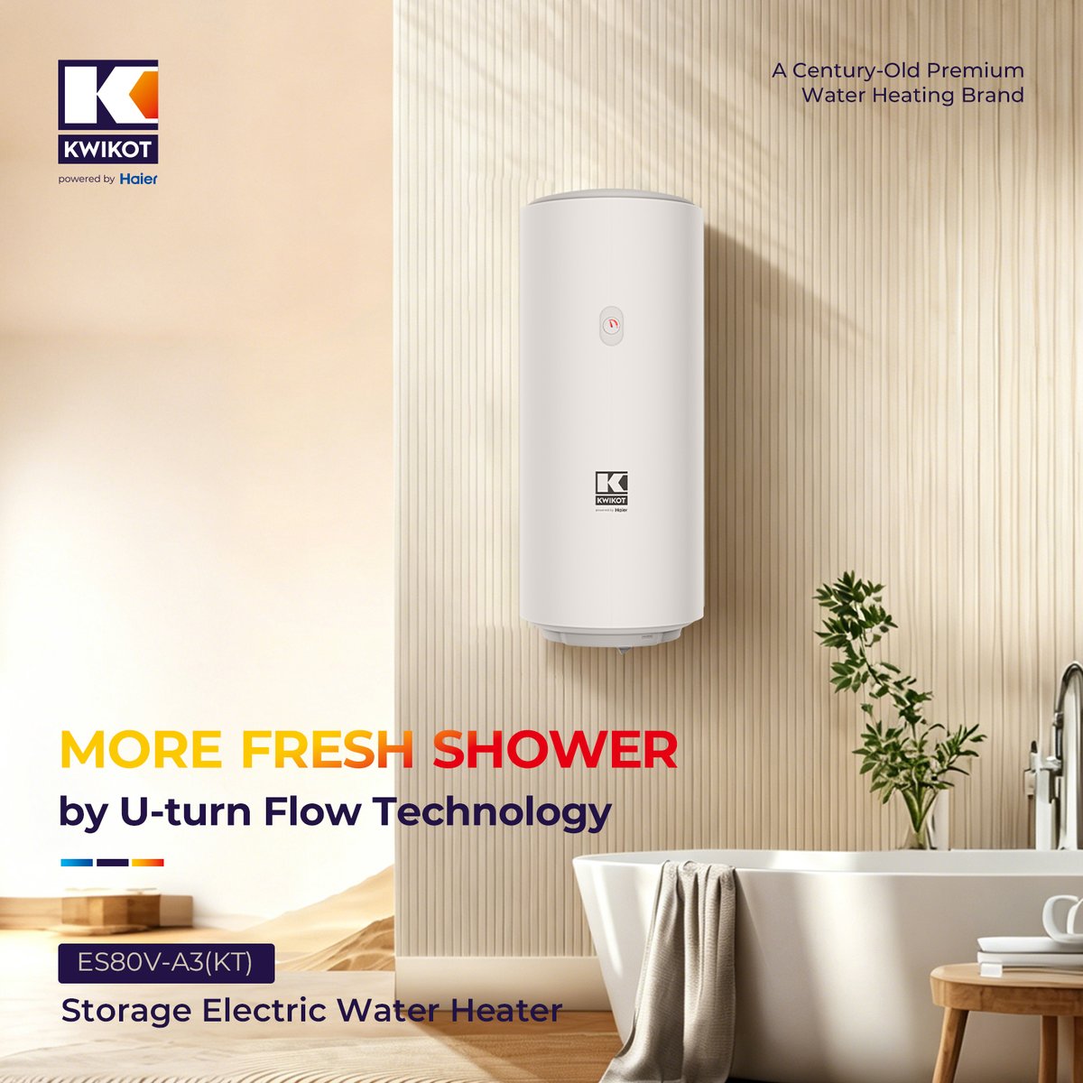 HaierWH's tweet photo. 🚿 Fresh Shower  
Kwikot ES80V-A3(KT) with U-turn Flow Technology delivers cleaner, fresher hot water for a more refreshing shower experience every day. ♨️💧 
#Kwikot #FreshShower #WaterHeater #SmartLiving https://t.co/YyECTAFxN0