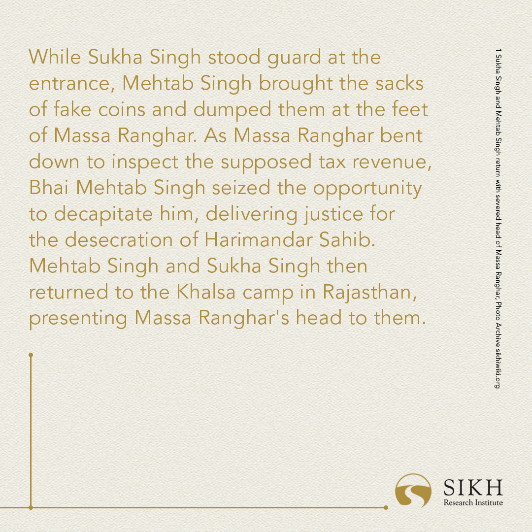 Today in #Sikh History:
Massa Ranghar, a Mughal zamindar, had seized control of Harimandar Sahib and converted the building into a government revenue office. The main divan of Harimandar Sahib was transformed into a place of indulgence and pleasure. Many Khalsa warriors had fled