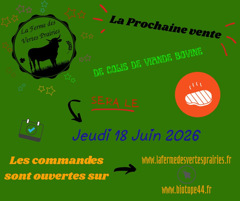 Vertes_Prairies's tweet photo. Hello !

Le petit post habituel pour vous informer que la prochaine vente de colis de viande bovine BIO aura lieu le 18 juin !

N'hésitez pas à commander pour préparer l'été 😉 
https://t.co/u50IBOB3Wm

En attendant passez un joli mois entre les ponts de Mai !

A bientôt
Jérémy https://t.co/kZkJOQir2r