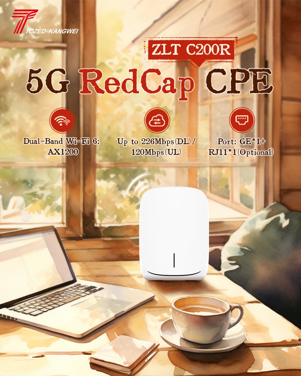 TozedKangwei's tweet photo. The 5G RedCap CPE ZLT C200R masters the perfect equilibrium between high performance and cost-efficiency. While seamlessly connecting multiple devices with ultra-stable Wi-Fi 6, it adds a vibrant splash of color to users' daily lives. 📶🎨✨ https://t.co/yO0dMJMUWt