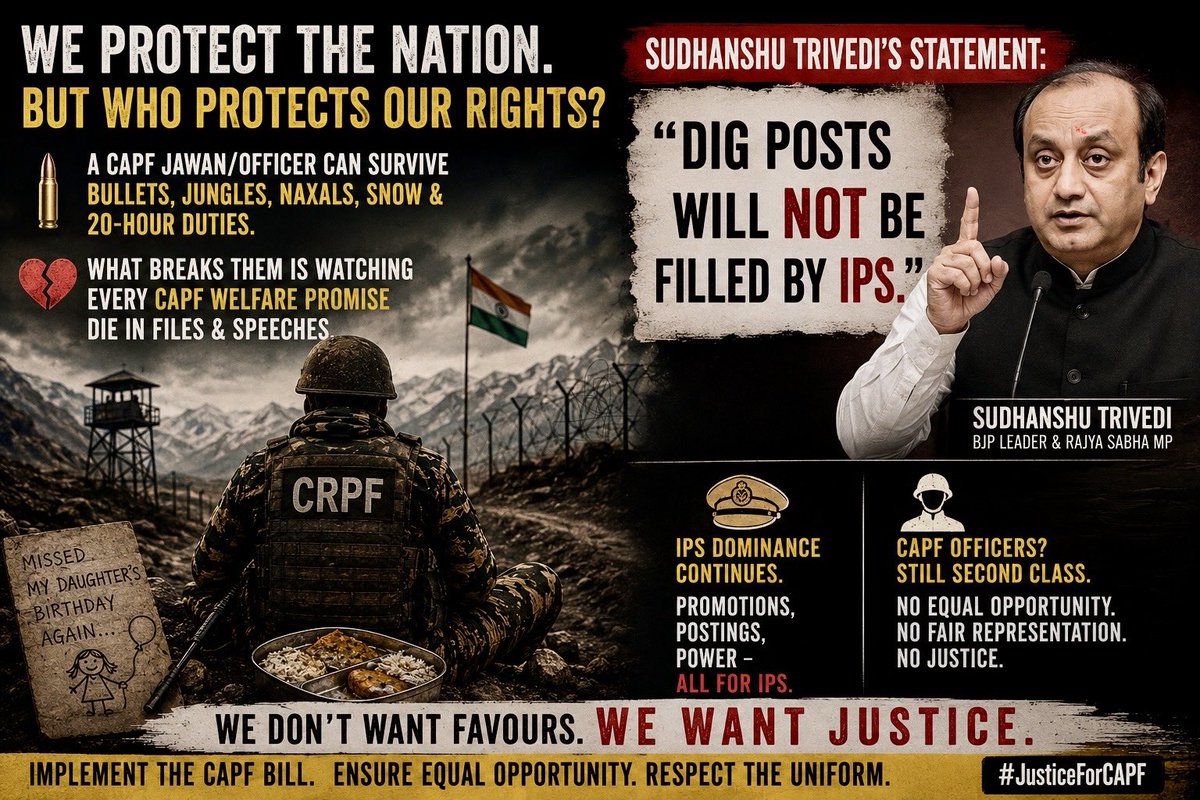 A CAPF jawans/officers can survive bullets, jungles, naxals, snow &amp; 20hour duties.  What breaks them is watching every CAPF welfare promise die in files &amp; speeches

When politicians need security, CAPF is nation’s pride.When #CAPF asks for rights, suddenly there’s “budget issues”