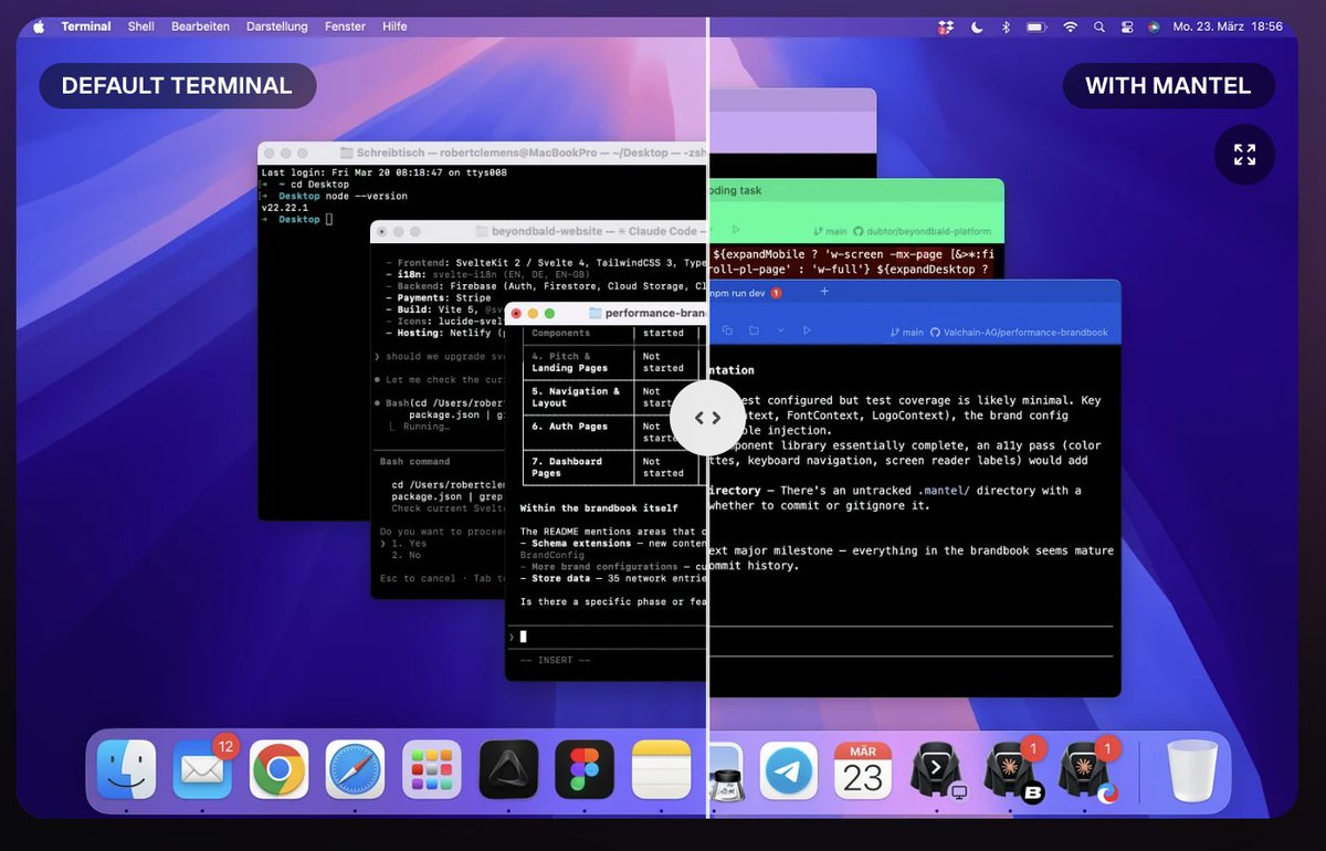 dubtor's tweet photo. Tired and drained from running 10 identically looking Mac terminal windows every day?

Mantel is a lightweight Mac terminal alternative, but with colors for each of your project. Simple.
 
Try it yourself https://t.co/vFN4wOSfBo #claude #agentic #terminal #mac https://t.co/LfZgEZpjGU