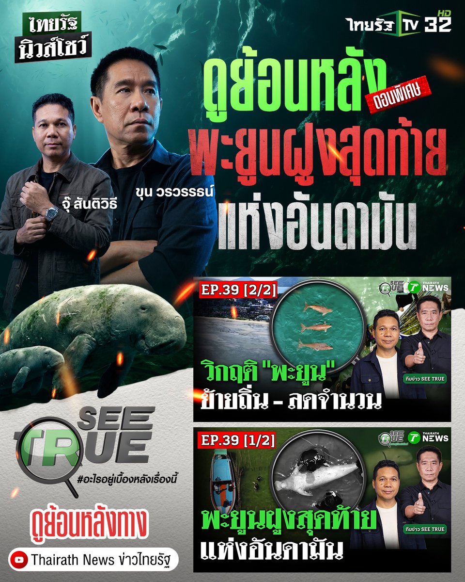 วิกฤต“พะยูน”ฝูงสุดท้ายแห่งอันดามัน
ลดจำนวนจากโลกร้อน-สูญเสียแหล่งอาหาร
แฉอีกปัจจัย-ฝีมือมนุษญ์ผู้รุกราน
"ฆ่าตัดหัว-น้ำตาดุหยง" ทำไสยศาสตร์

ทีมสกู๊ป SEE TRUE ลงพื้นที่สืบสวน ขุดลึกทุกเบาะแส 🕵️‍♂️🔎
📍ติดตาม SEE TRUE ตอนพิเศษ "พะยูนฝูงสุดท้ายแห่งอันดามัน"
ทาง YouTube : Thairath News