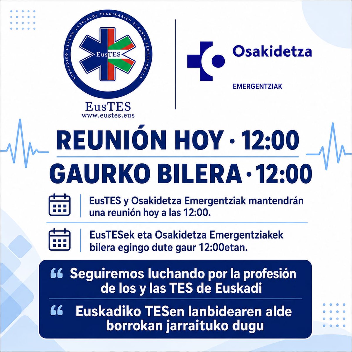 eus_tes's tweet photo. Lanbideagatik borrokatzen jarraitzen dugu! !

30 minutuan, bilera bat izango dugu Osakidetzako Emergentziak erakundeko gerentearekin. 

Seguimos luchando por la profesión!!

En 30 min tendremos una reunión con el gerente de Osakidetza Emergentziak. https://t.co/gyM3INufhj