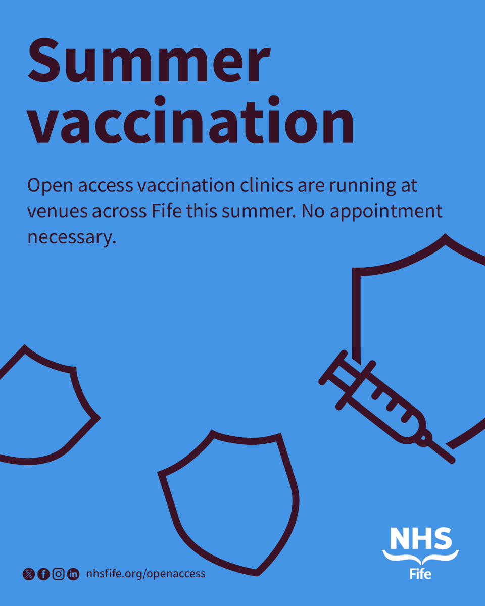 nhsfife's tweet photo. Open access vaccination clinics are running at venues across Fife this summer.

Drop in and get protected. No appointment necessary.

✅ Covid
✅ Shingles
✅ Pneumococcal
✅ HPV
✅ RSV

Venues, times, and eligibility: https://t.co/49KG1qKoHd https://t.co/GlGbZ2NpJX