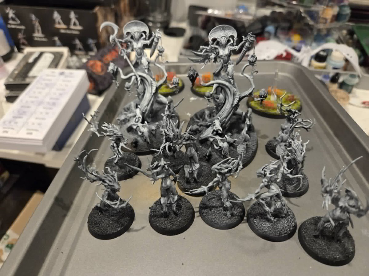 PolymathTT's tweet photo. WIP Wednesday!! Been a hectic week, so not much has been achieved, but some progress on the Sylvaneth front. The trees are ready for the first round of aribrushing and the bugs bases are done!

What has everyone else been working on? https://t.co/anOxBKxPje