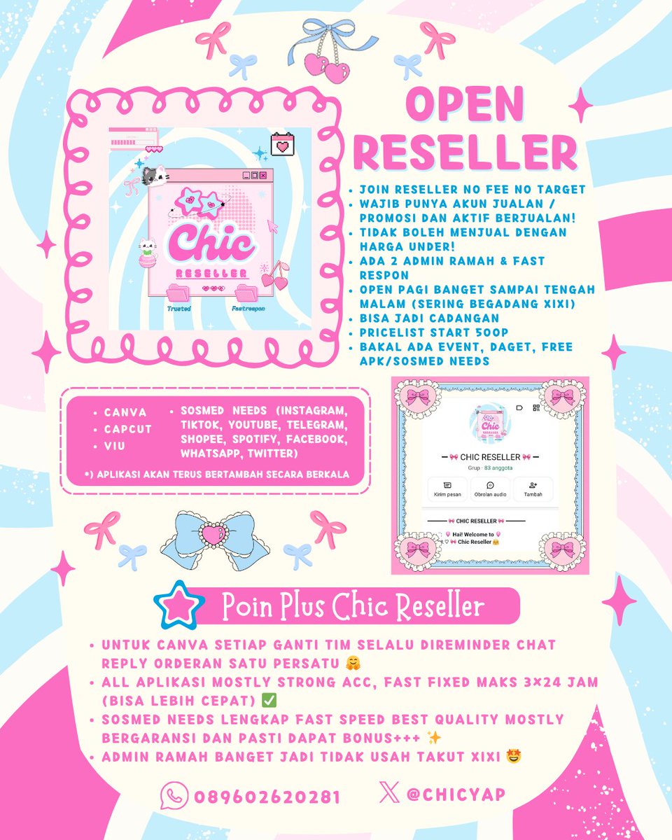 chicyap's tweet photo. @srlamr_ Hai Kak kebetulan banget CHIC RESELLER lagi opress nih!🤩
❀ Mau join atau intip pricelist bisa chat DM/WA 🤗
🩷 open pagi sampai tengah malam, ada canva, capcut, viu, sosmed needs lengkap, admin ramah banget!🥰
⠀
۶ৎ — WA ☎️ https://t.co/glfkjR42xe
۶ৎ — DM 📩 (tag @ after dm) https://t.co/VnekgZYEaT