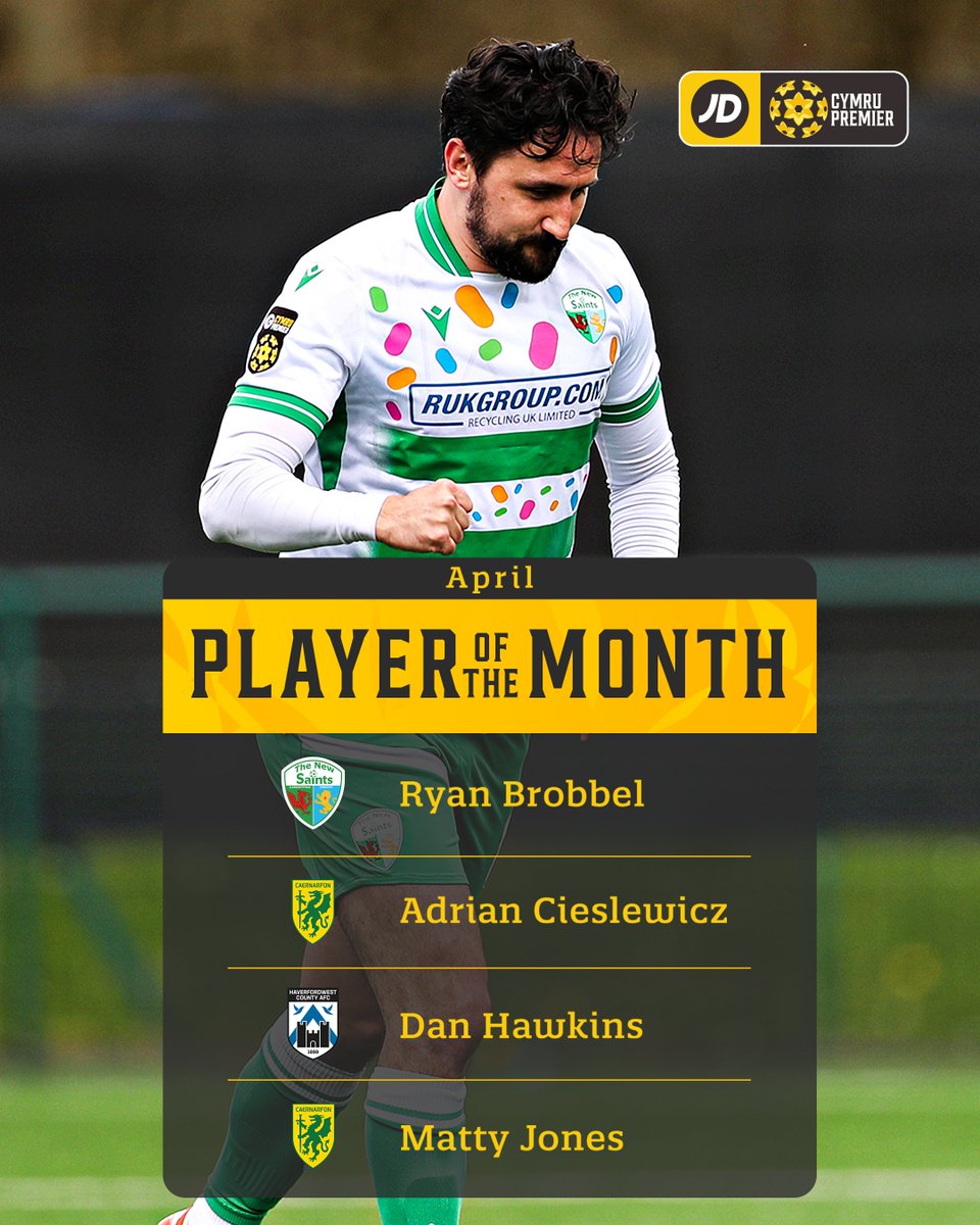 CymruLeagues's tweet photo. 🥁 Presenting the shortlist for April's Player and Manager of the Month awards across the #JDCymruLeagues.  

🗳️ Click below to find out how to vote, with the fan poll being combined with an independent voting panel to determine the winners 👇