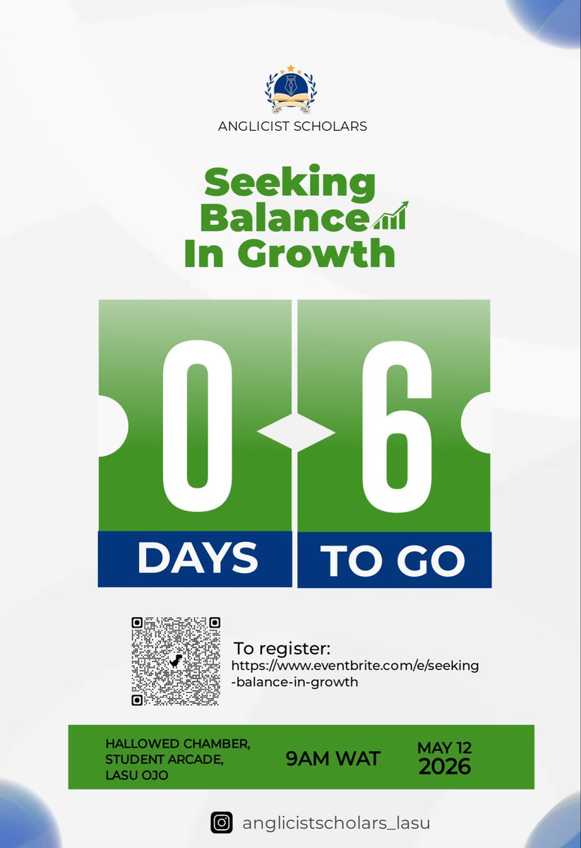 de_anglicists's tweet photo. 6 days to something transformative.

May 12 | 9AM | Hallowed Chamber, Student Arcade, LASU OJO. 

Click the link below e to secure your spot. 
https://t.co/BAZCP92ffK

#anglicistscholars
#seekingbalanceingrowth
#balancedgrowth
#countdowntoseekingbalnaceingrowth
#6daystogo https://t.co/lpse3LENOl