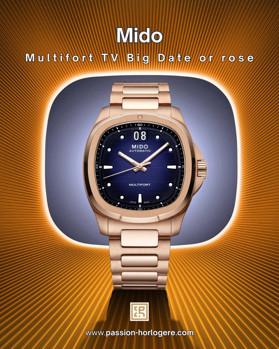 Passionhorloger's tweet photo. La MIDO Multifort TV Big Date revient en version PVD couleur or rose, avec cadran bleu dégradé, grande date à 12 h et Calibre 80. Une icône seventies au souffle contemporain.

https://t.co/dzN9MQ5ZP7

#MIDO #BigDate #Horlogerie https://t.co/wlTqjaUmLy