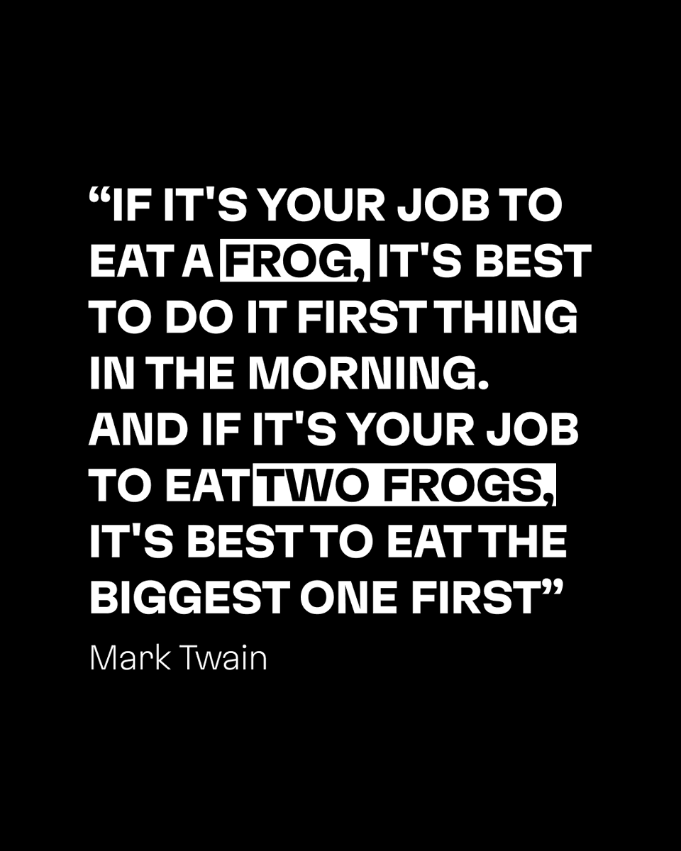 Kyle_Fraser's tweet photo. Eat the frog.

That’s a line that’s become a guiding principle for those looking to improve their productivity. It comes from an excellent quote by Mark Twain:

“If it’s your job to eat a frog, it’s best to do it first thing in the morning. And if it's your job to eat two frogs, it’s best to eat the biggest one first.”

Put simply: When you’re staring down tasks that you really don’t want to do, always start with the toughest one. To some, that may just sound logical, but it’s less common than you might think. 

If you deal with the most important and most resisted task early, you reduce the chance that avoidance will quietly shape the rest of your day. It’s like a trail of dominoes: Knock the first one over, and the rest tumble much faster and with far less effort. 

“Eating the frog” is less about some macho sense of, “Just buck up and do it.” It’s more about taking care of problems that are most likely to cause a delay, especially if that delay is disproportionate to the required effort. 

Once the day fills up with smaller decisions, interruptions, and easier wins, the odds of tackling that meaningful task usually fall. There’s that fragmentation we spoke about earlier this week, coming back to haunt us.

Don’t begin the day by clearing low-stakes admin just to feel busy. Start with the task that would make the rest of the day feel lighter, clearer, or more honest.

Easier said than done, but you’ll not regret it.