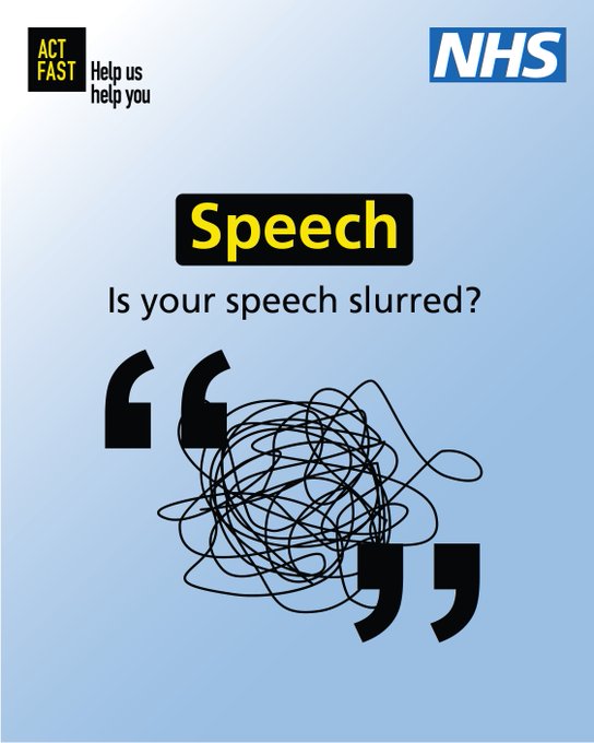 HealthSsp's tweet photo. The first sign of a stroke might not seem like much - struggling to smile, being unable to lift an arm, or slurred speech. Any sign of a stroke is always an emergency. Face or arm or speech - at the first sign, it's time to call 999. #StrokeAwarenessMonth
https://t.co/9Yheho9hog https://t.co/BbFyqwYnia