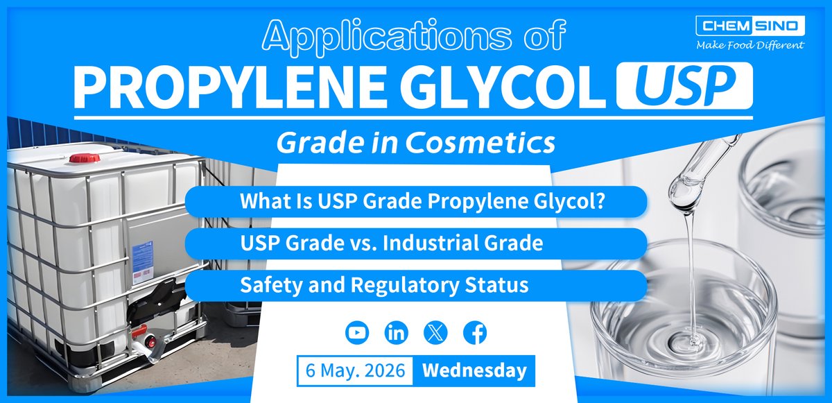 ChemsinoGlobal's tweet photo. #Foodscience: Applications of Propylene Glycol USP Grade in Cosmetics 
#PropyleneGlycol #PGUSP #PGINCOSMETICS #CHEMSINO 

👉https://t.co/bVulSS1gbG https://t.co/v7FpiCknLj
